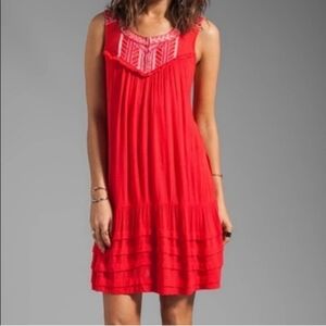 Free People City Limits Dress Red Embroidered Sleeveless Pockets sz S Small Boho